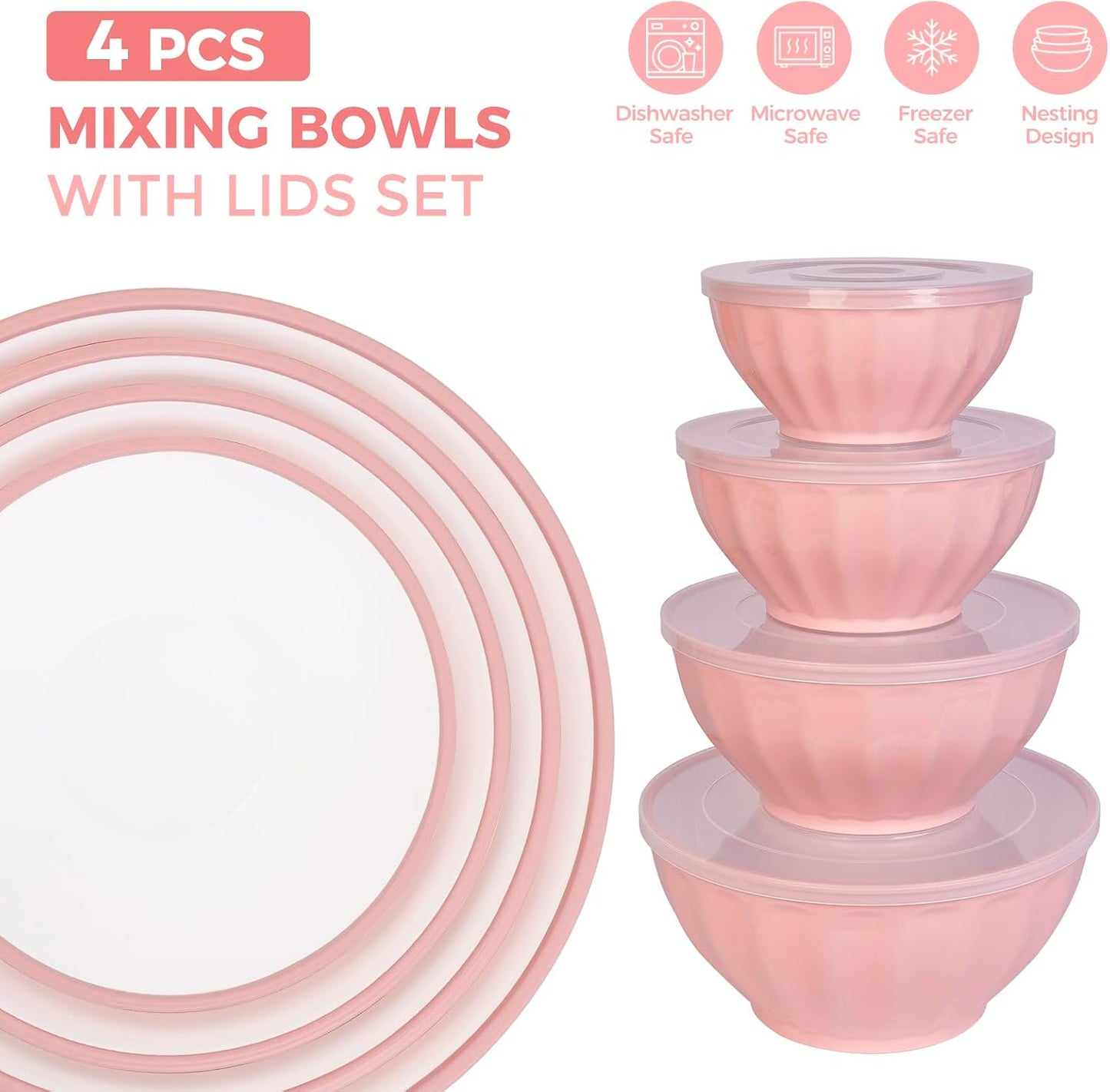 BoxedHome Mixing Bowls with Lids Set, 4PK Large 0.2” Thick Plastic Nesting Mixing Bowl, Microwave Safe,Size 1.37,2.32,3.8 and 5.07qt, Pink