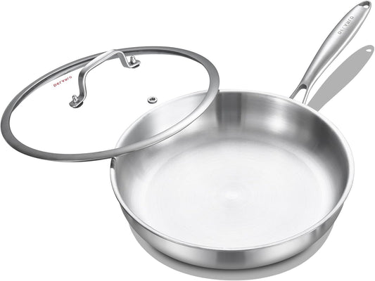 DELARLO Tri-Ply Stainless Steel 9.3 Inch Frying Pan with Lid, 18/10 Stainless Steel Skillet, Heavy Duty, Compatible for Induction, Ceramic, Electric, Gas Cooktops Up to 600℉, Fast & Even Heat