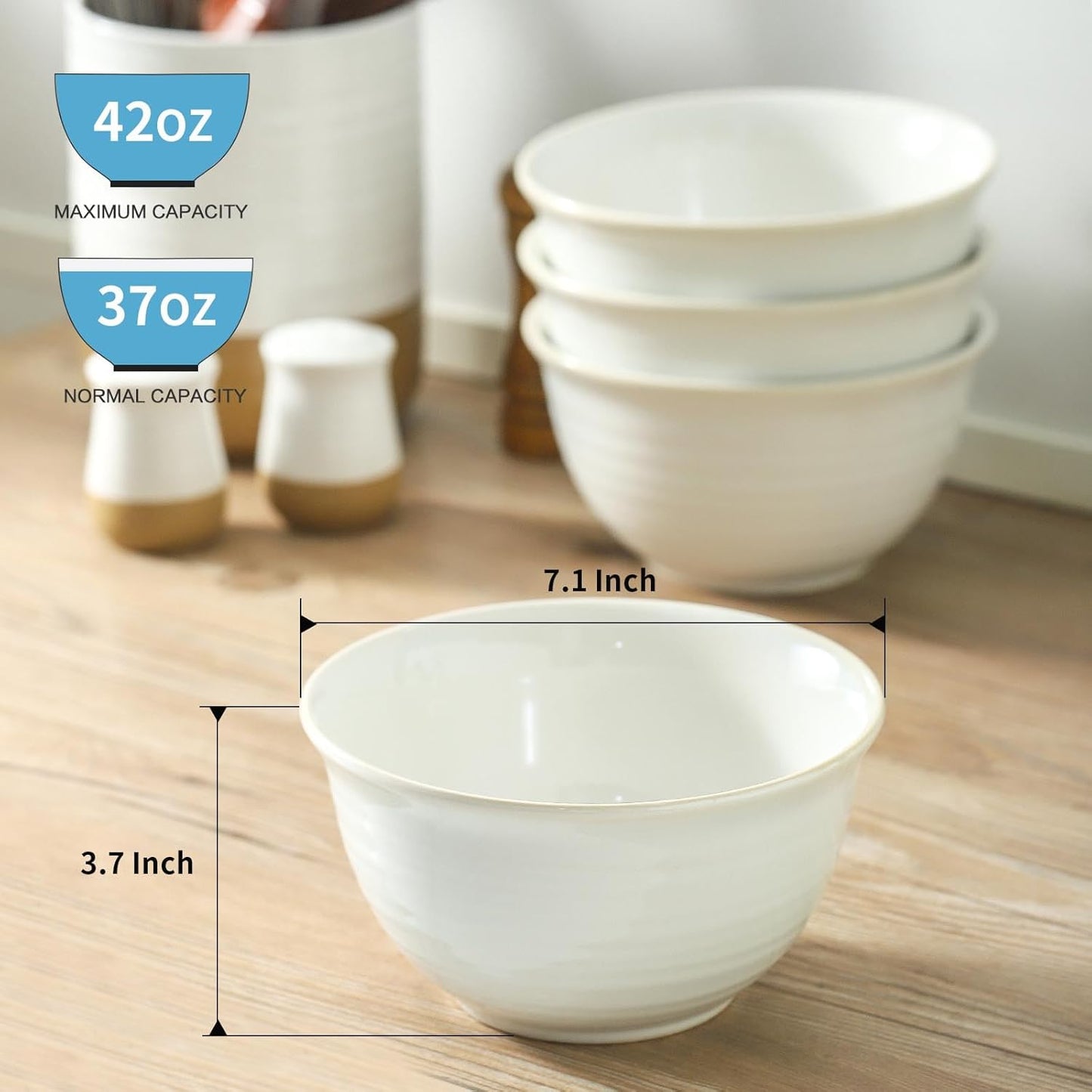 Hasense Soup Bowls, 40 Ounce Large Cereal Bowls for Kitchen, 7 Inch Ceramic Serving Dishes for Salad Pasta Oatmeal, Dishwasher and Microwave Safe, Clay-Infused White