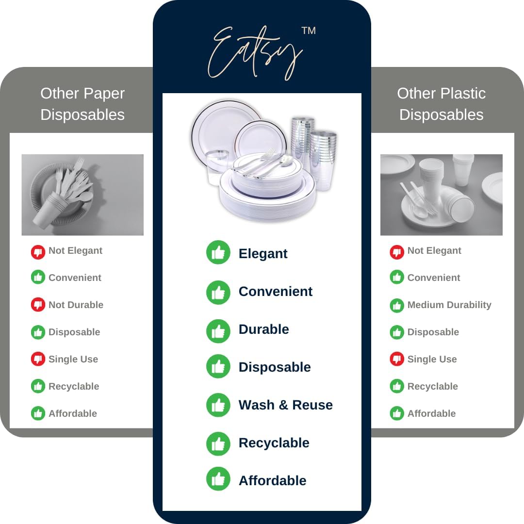 Tableware Dinnerware Set, Premium Heavyweight, Reusable or Disposable Party Plates, Includes Dinner Plate, Dessert Plate, Cutlery, and Cup (Silver, 150-Piece Set, Serves 25 Guests)