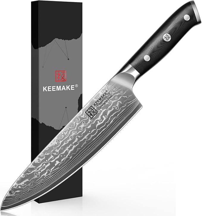 KEEMAKE Damascus Chef Knife, 8 Inch Kitchen Knife, 67 Layers Damascus Knife Professional Kitchen Knives with Japanese VG10 Core, Sharp Chefs Knives with Ergonomic G10 Handle