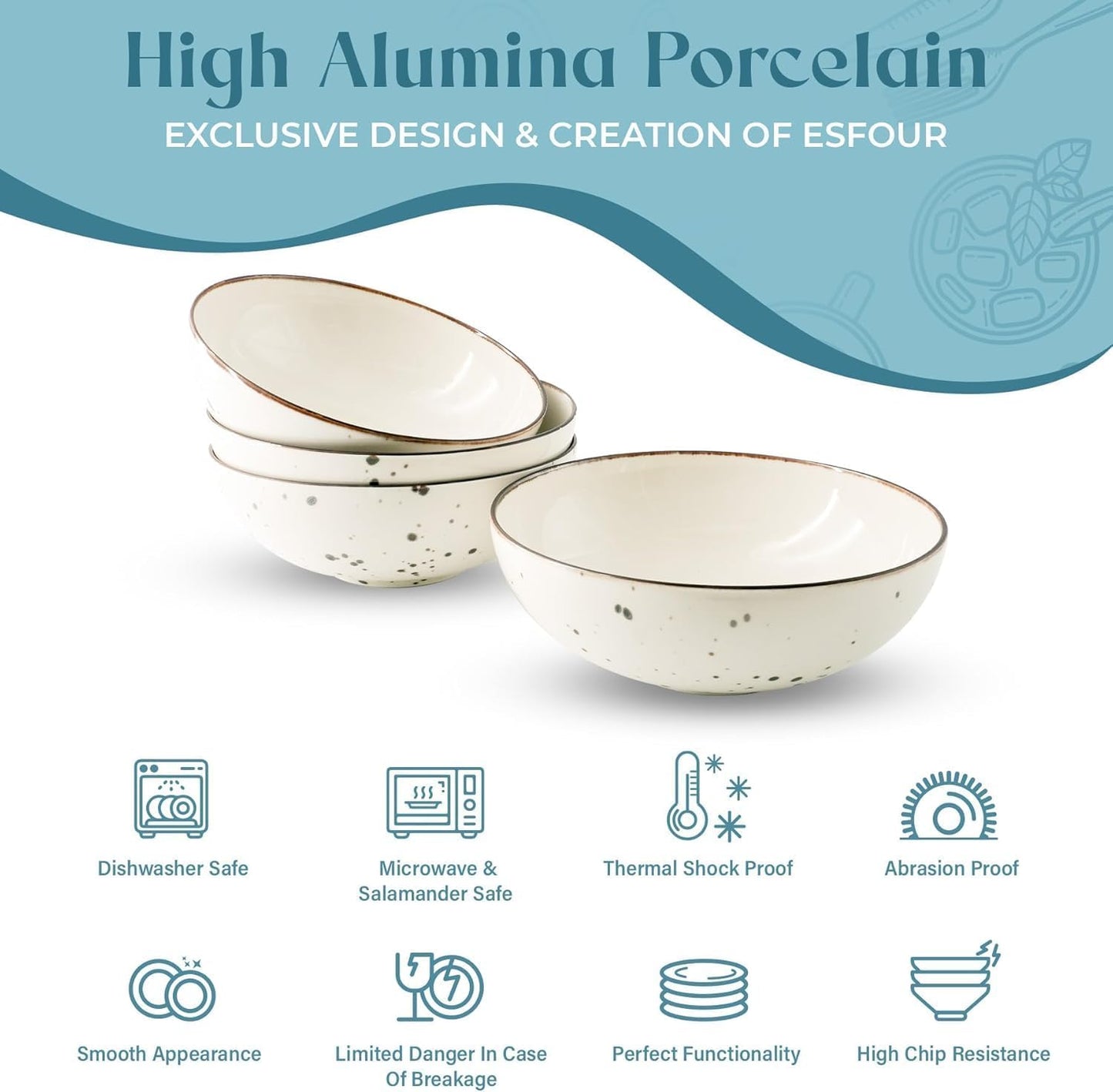 Esfour Premium Porcelain Bowl Collection | Durable, Microwave & Dishwasher Safe | Ideal for Cereal, Pasta, Salad & Desserts (Classic Assorted Color, Cereal Bowl 4pcs)