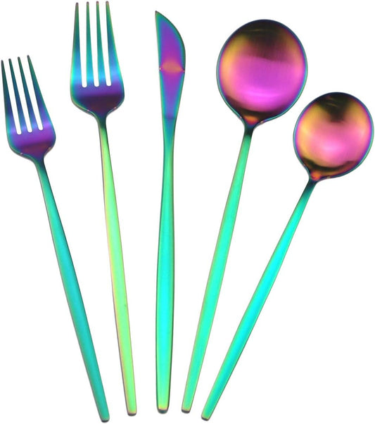 60-Piece Modern Matte Silverware Set, Uniturcky 304 Stainless Steel Flatware Cutlery Set, Elegant Kitchen Utensils Service For 12, Includes Dinner Knives/Spoons/Forks, Rainbow Satin Finish