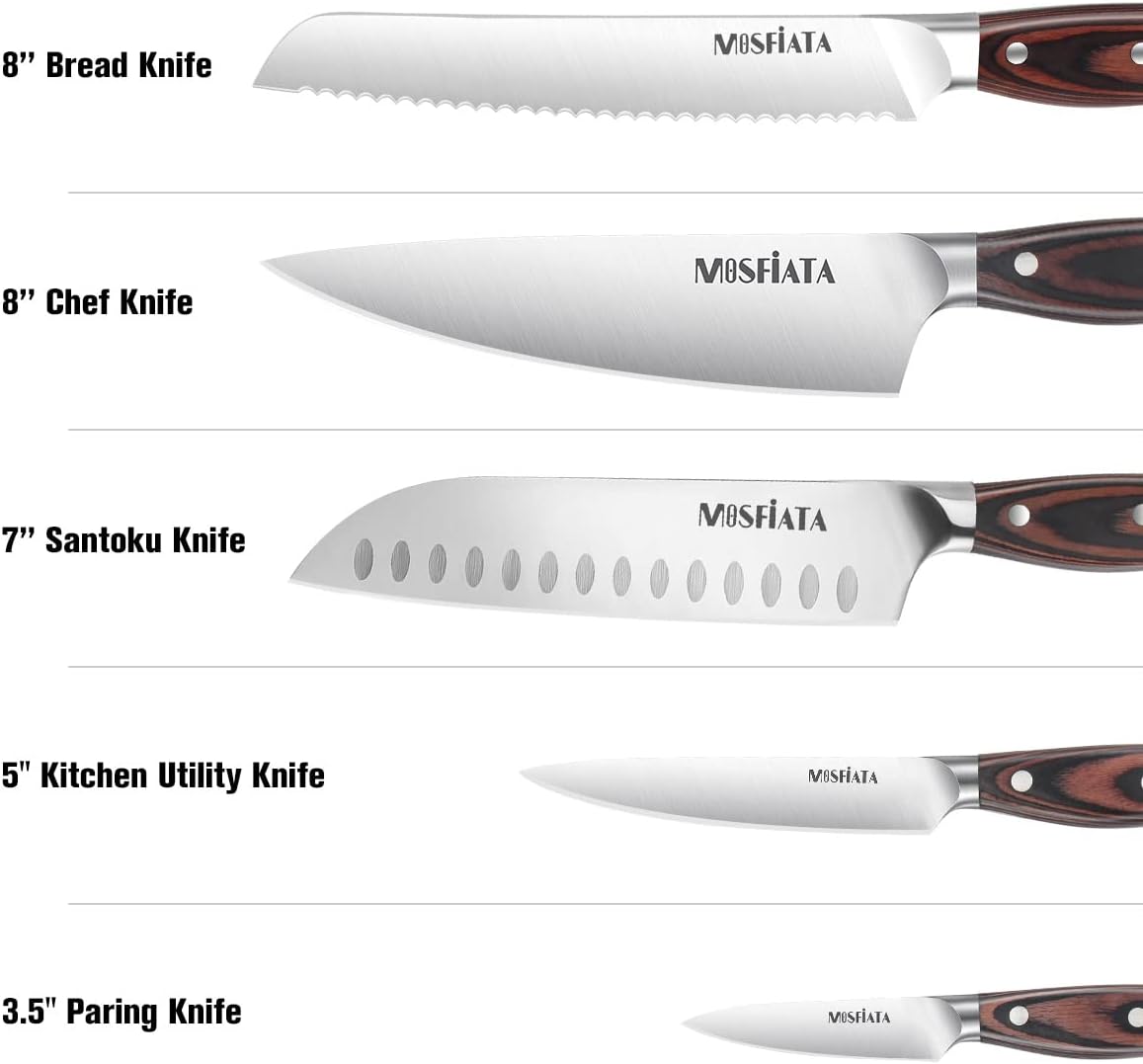 MOSFiATA Kitchen Knife Set-5Pcs, Professional Kitchen Chef’s Knives with Ultra Sharp Stainless Steel Blades, Bread Knife Cooking Knives Sets (silver)