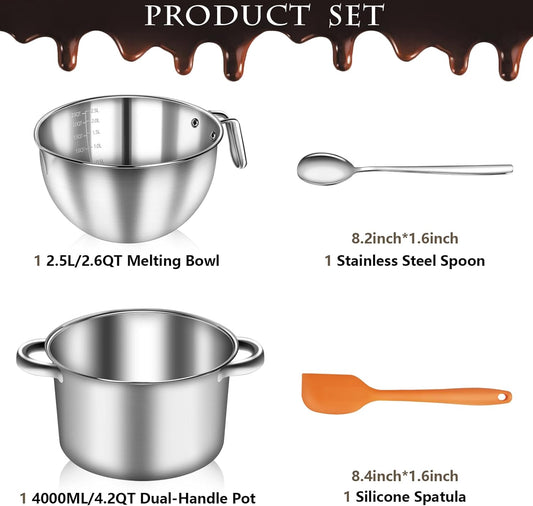 Artcome 304 Stainless Steel Double Boiler Set - 2.6QT Melting Bowl with Scale and Handle - 4.2QT Dual-Handle Pot - Stackable Water Bath Melting Pot Set for Butter, Chocolate, Wax, Sugar, Candle