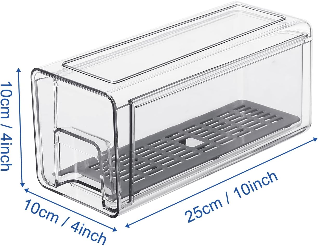 Plastic Clear Fridge Storage Organizer with Drawers & Drainer - Stackable Bins for Kitchen Fruit & Veggie Organization (2PCS, Small)