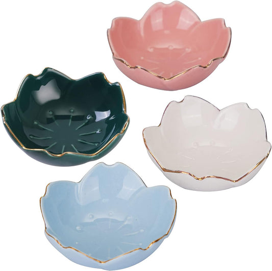 VanEnjoy Set of 4 Ceramic Seasoning Dishes Dish Sushi Dipping Bowl, Cherry Blossom Sauce Tea Bag Holder Serving Dish for Kitchen