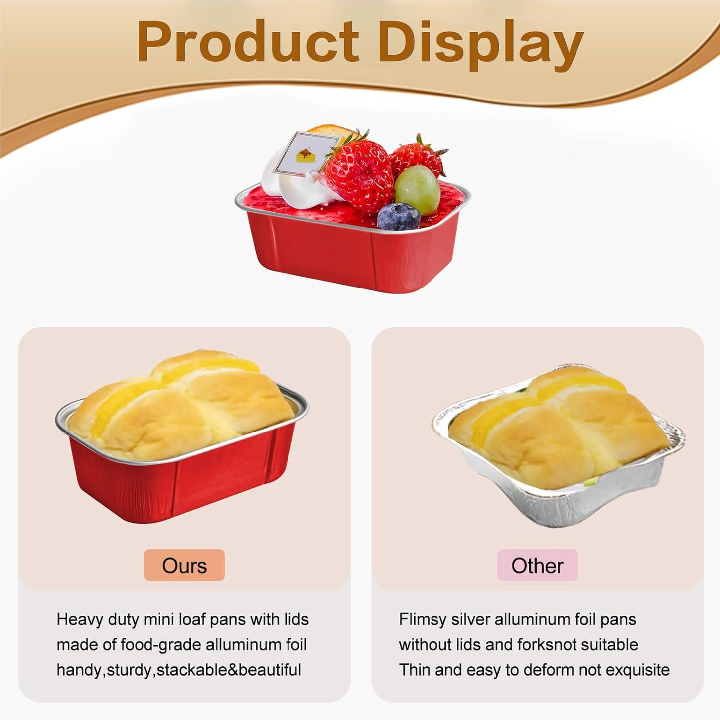 Mini Cake Pans With Lids And Spoons,5.5 oz Rectangle Mini individual Loaf Pans Disposable Aluminum Foil Small Baking Cups Tins (200, Red)