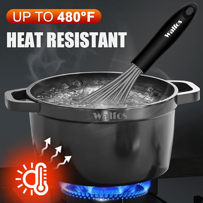 Walfos Whisk, Silicone Whisks Set of 5, Mini Stainless Steel Whisk 7in+5in and Non Scratch Coated 7+9+11in Whisks, Suitable for Blending, Whisking, Beating, Frothing & Stirring. (Grey)