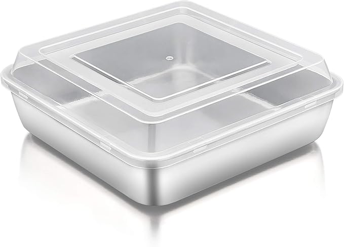 TeamFar Square Cake Pan with Lid (1 Pan & 1 Lid), 8 Inch Square Stainless Steel Baking Tray Cake Brownie Tin For Meal Prep Storage Transporting Food, Healthy & Sturdy, Dishwasher Safe