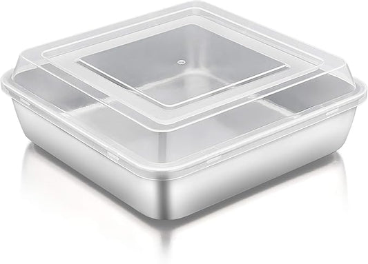 TeamFar Square Cake Pan with Lid (1 Pan & 1 Lid), 8 Inch Square Stainless Steel Baking Tray Cake Brownie Tin For Meal Prep Storage Transporting Food, Healthy & Sturdy, Dishwasher Safe