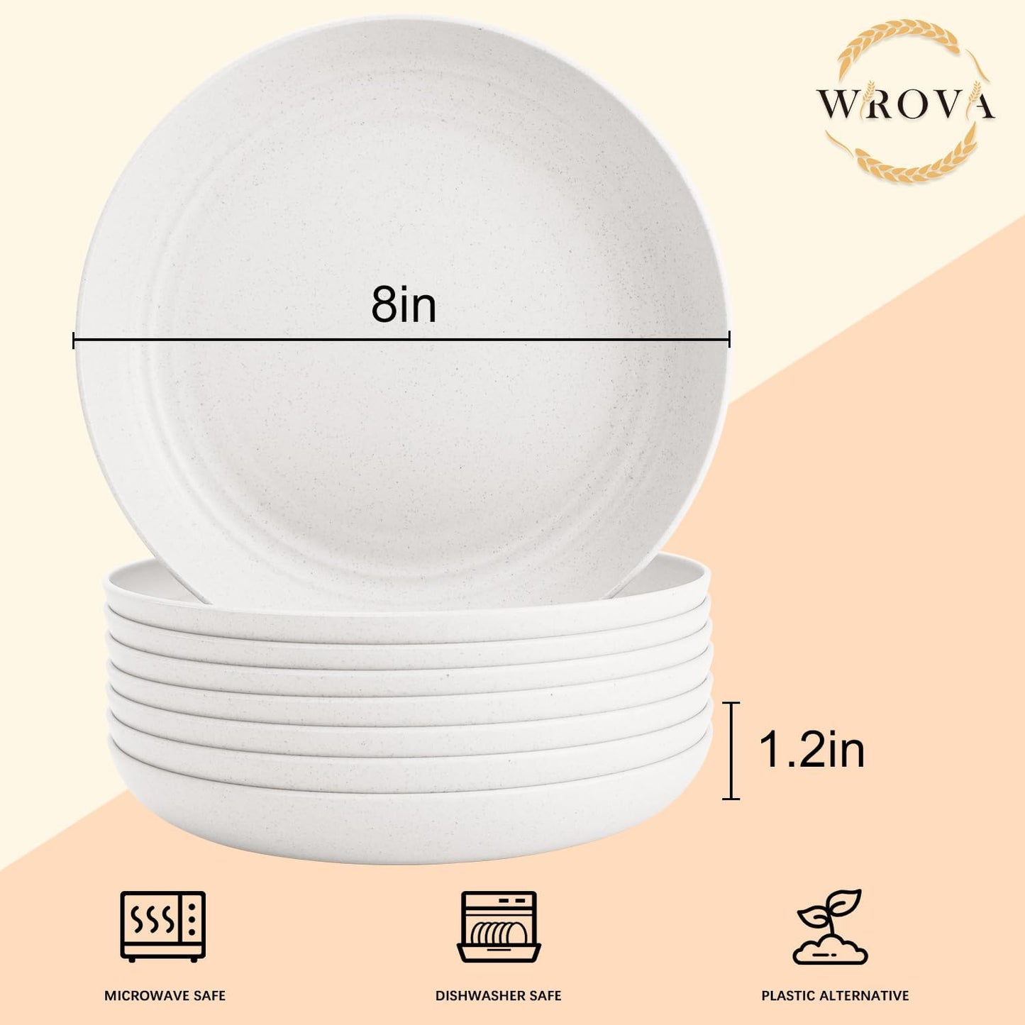 Wheat Straw Plates - 8 Inch Unbreakable Dinner Plates Set of 8 - Dishwasher & Microwave Safe Plastic Plates Reusable for Kitchen,R.V. (White)