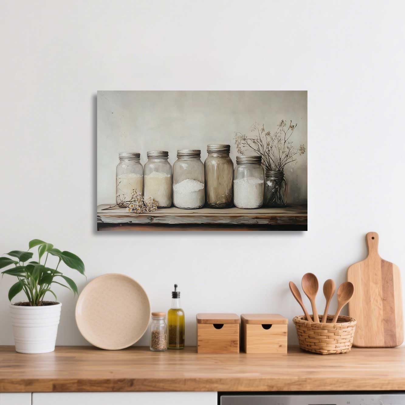 ZSHARTSWD Farm Kitchen Wall Art Country Mason Jar Spice Pictures Still Life Culinary Canvas Print Vintage Spices Food Painting Dining Room Home Decor Framed (Beige, 12.00" x 18.00")