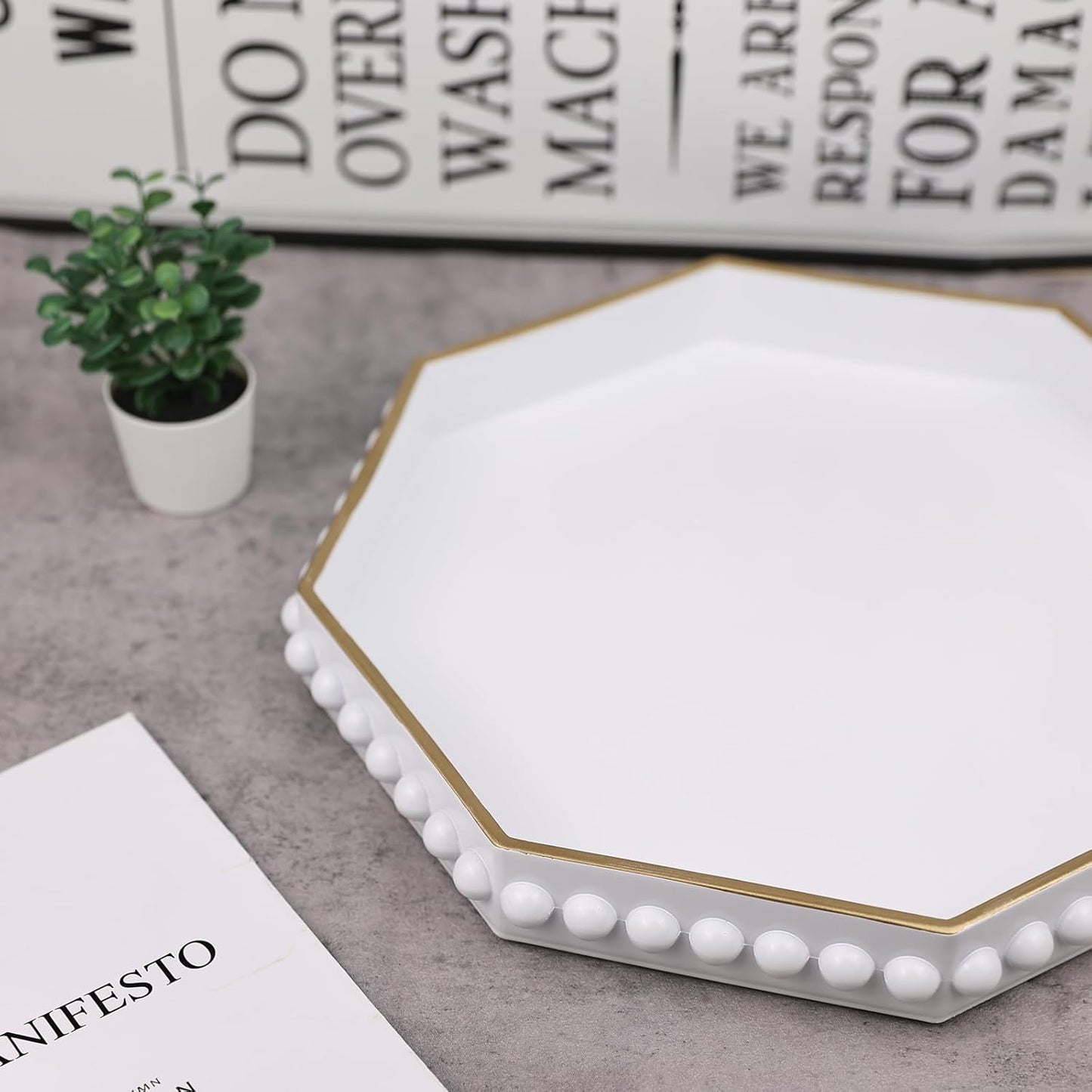 White Serving Tray for Coffee Table, Octagonal Beaded Plastic Decorative Tray for Ottoman, Kitchen Counter, Living Room, Outdoor Lacquer Tray for Entertaining
