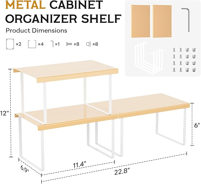 Cabinet Organizer Shelf,2 Pcs Metal Shelves Spice Rack for Kitchen Counter- Pantry Organizers and Storage,Stackable Risers Stand for Bathroom,Cupboard,Desk Organization