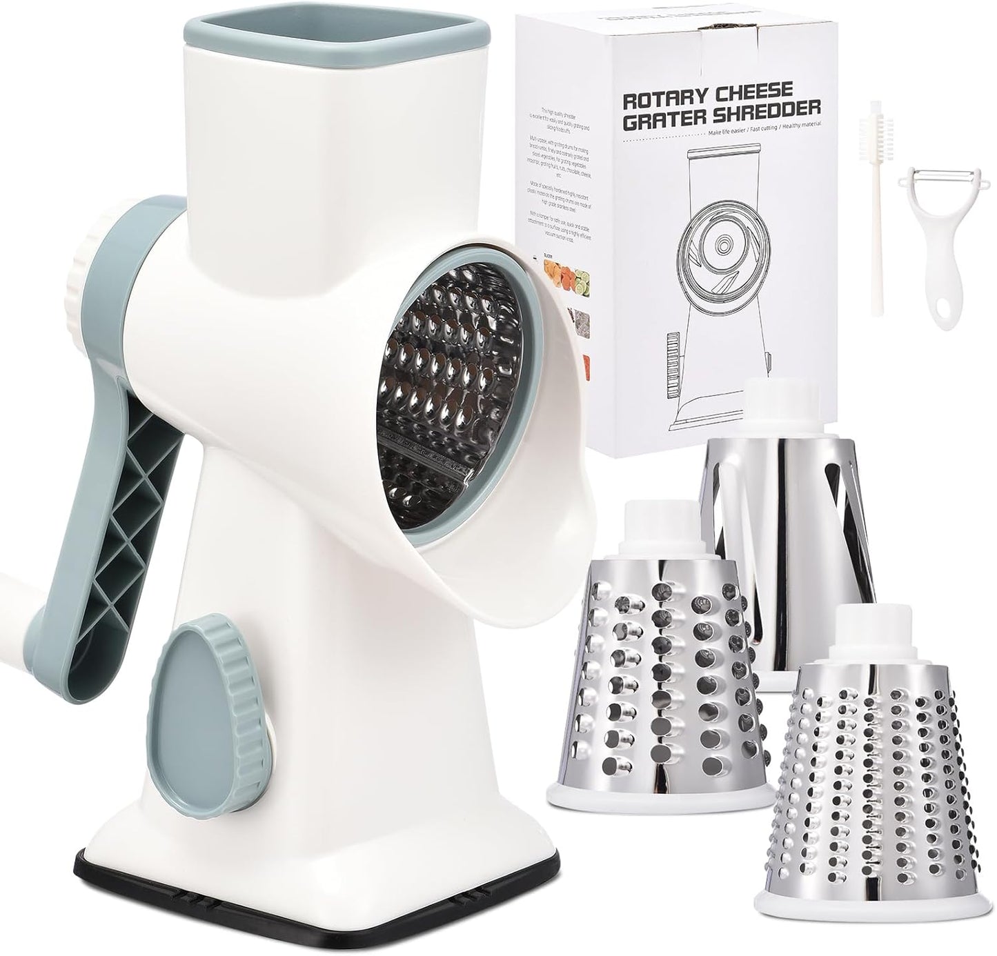 Rotary Cheese Grater with Handle Kitchen Shredder Slicer Grater Slicer Ice Shaver Cheese Vegetable Nuts Potato Zucchini Chocolate 3 Interchangeable Blades (WhiteBlue)