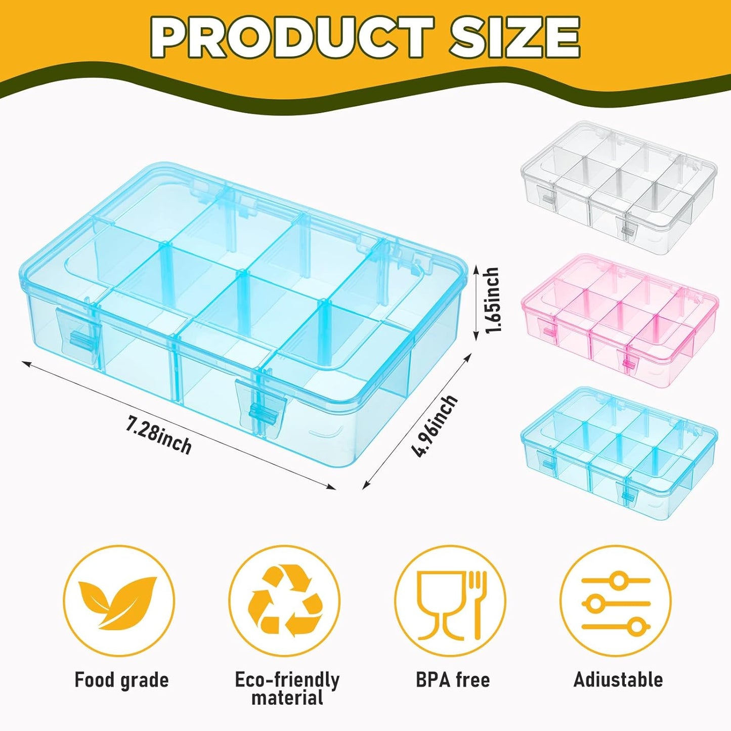 Thyle 3 Pcs Snack Box Container 8 Compartments Snack Containers Reusable Transparent Lunch Box Organizer Small Plastic Food Storage with Lids for Meal Prep School Work Travel (Clear Blue Pink)