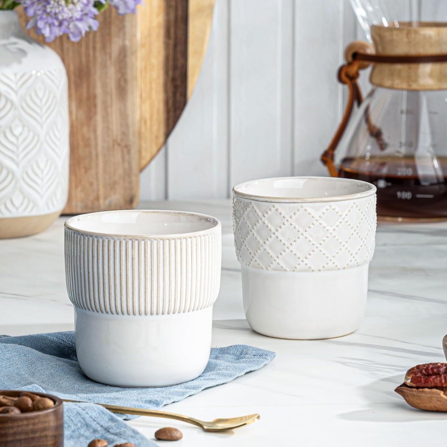 Espresso Cups Set of 2, 4oz Espresso Shot Cups, Mini Coffee Mugs Farmhouse Decor, Demitasse Cup Perfect for Coffee Maker, Microwave and Dishwasher Safe, (Embossed Stripes+Checks