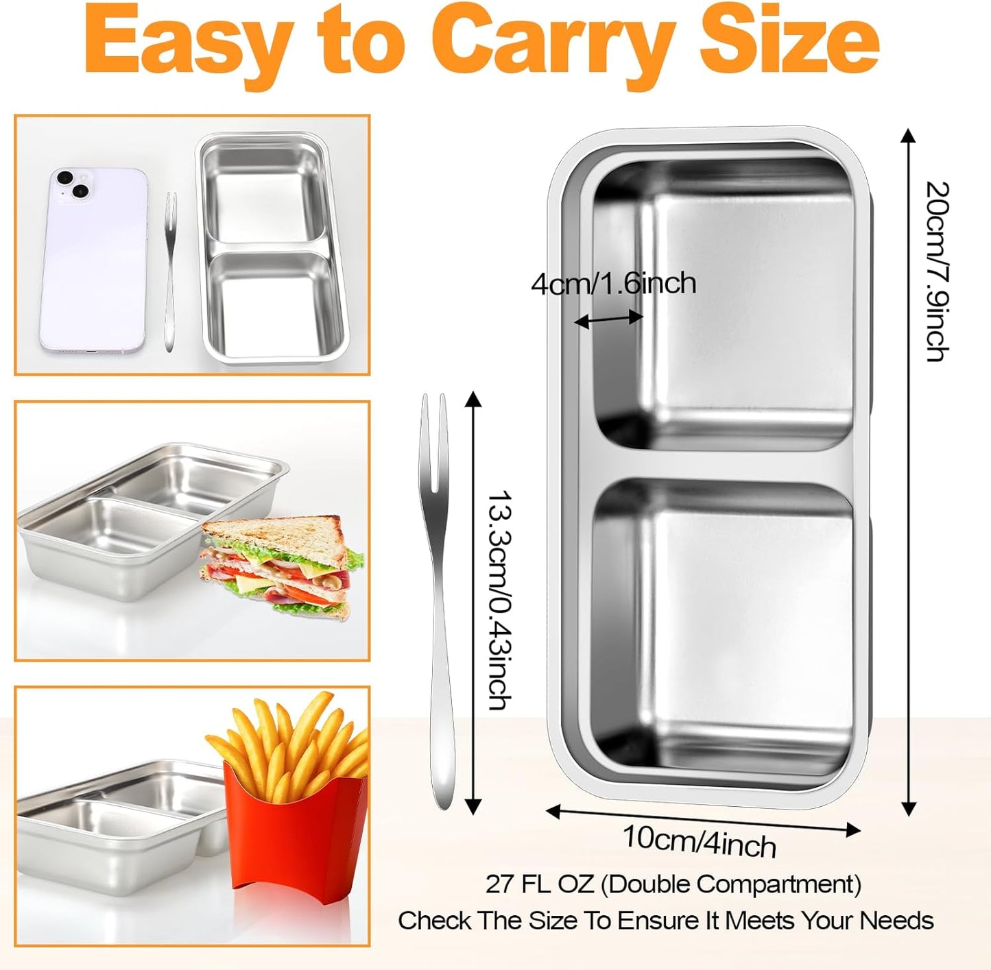 Stainless Steel Snack Containers with Lids, Reusable 2 Compartment Stainless Steel Bento Lunch Box, Food Storage, 6 Pack with Forks, Leak Proof, Dishwasher-Safe, Grab and Go for Work, Travel