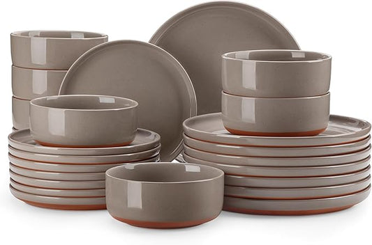 MALACASA Plates and Bowls Sets, 24 Pieces Modern Ceramic Dinnerware Set for 8 Kitchen Dinner Set Stoneware Dishware Dishes Set Microwave and Dishwasher Safe, Brown, Series TARA
