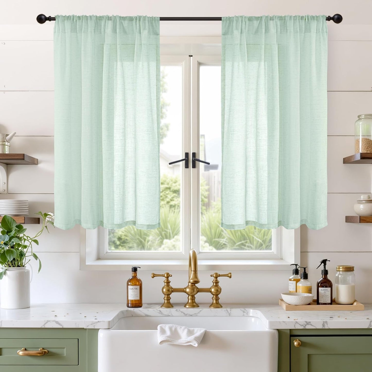 BGment 40 Inch Length Sage Green Linen Curtains for Short Window - Rod Pocket Light Filtering Drapes Natural Textured for Cafe Bedroom Decorative Lightweight Rustic, 2 Panels Set, 42 X 40 Inch