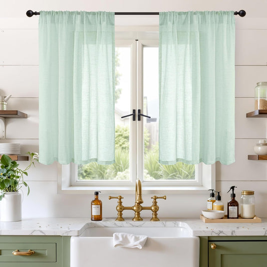 BGment 40 Inch Length Sage Green Linen Curtains for Short Window - Rod Pocket Light Filtering Drapes Natural Textured for Cafe Bedroom Decorative Lightweight Rustic, 2 Panels Set, 42 X 40 Inch