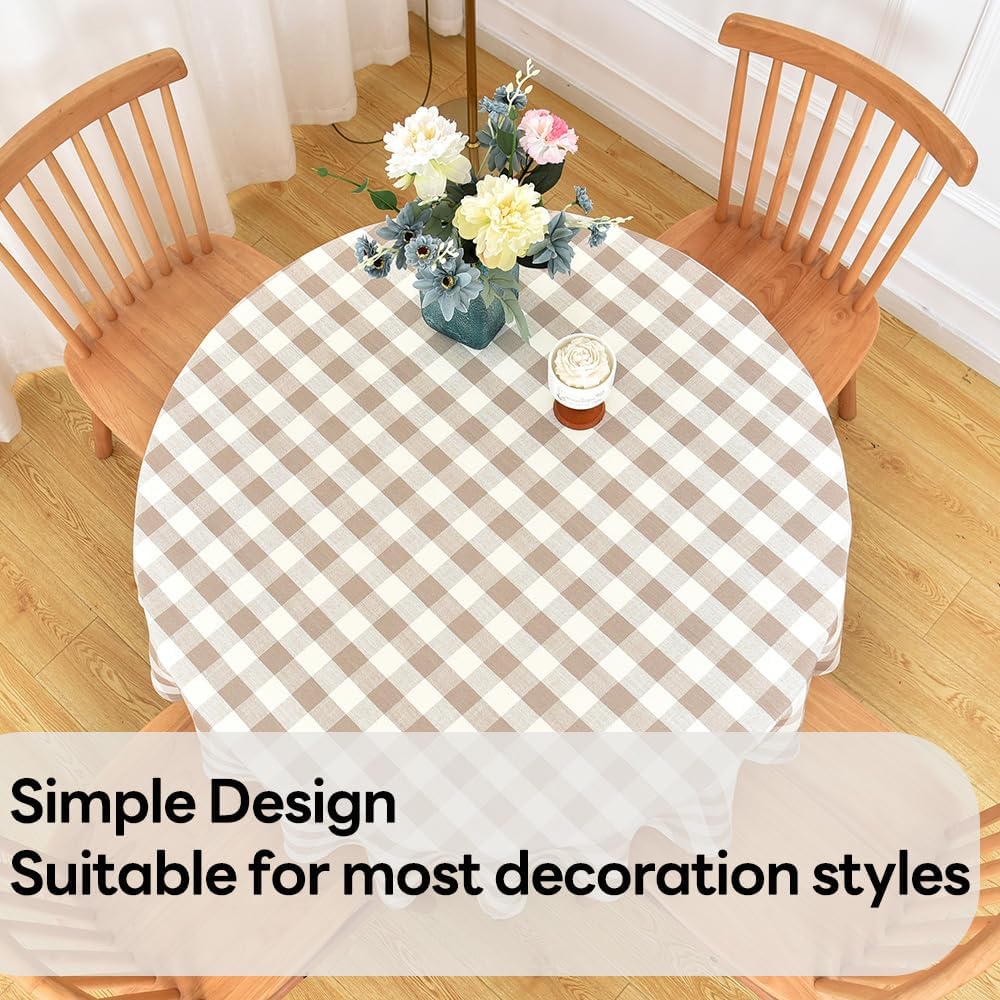 Gingham Round Tablecloth Table Cloth Heavy Duty Cotton Checkered Table Cloth Round Cover for Dining Room (R-Beige, 53 inch Diameter)