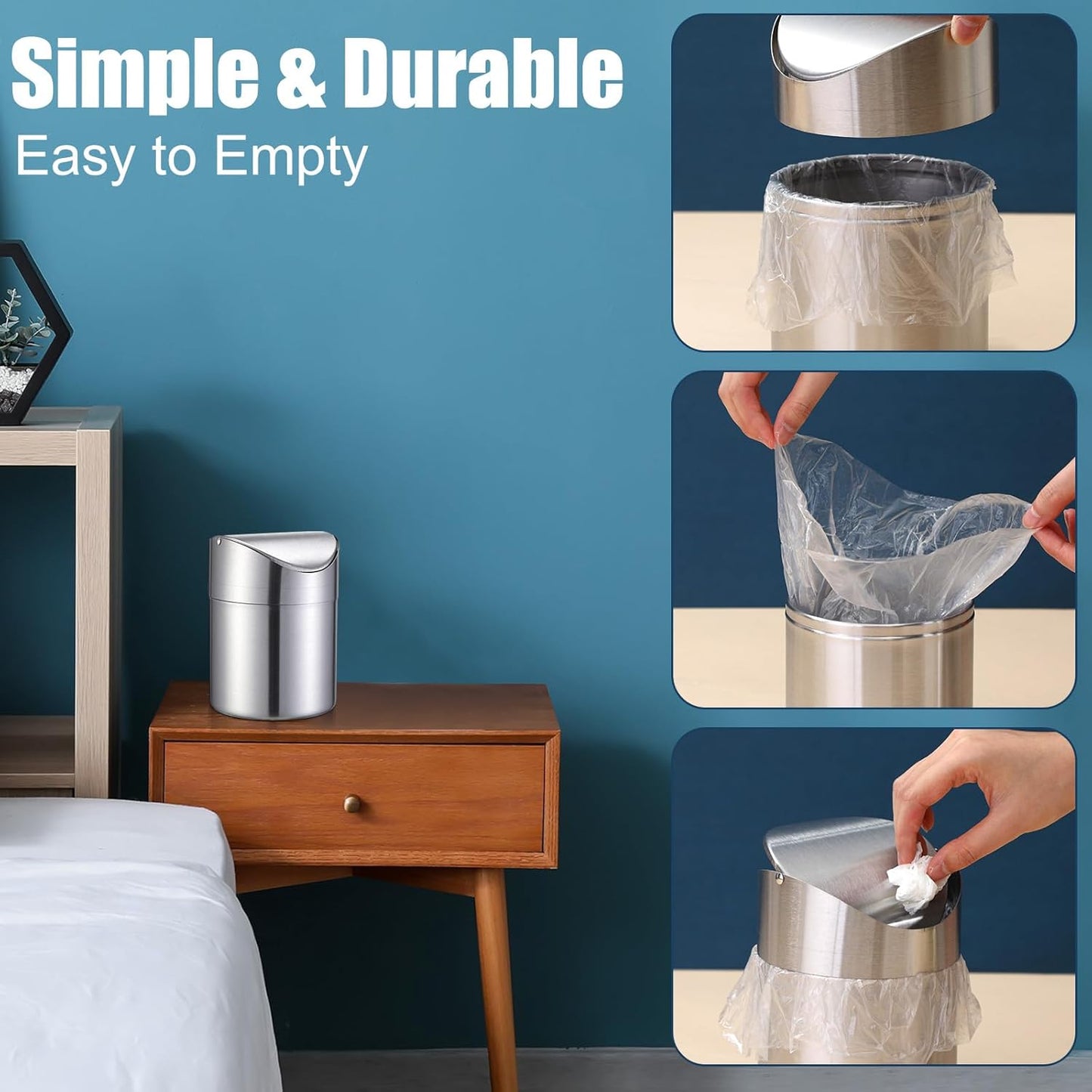 2 Pcs Desk Trash Can with Swing Lids, 12 Rolls of Trash Bags, 2L Brushed Stainless Steel Countertop Garbage Bin Small Wastebasket with Lid for Office Desk, Coffee Table(Silver)