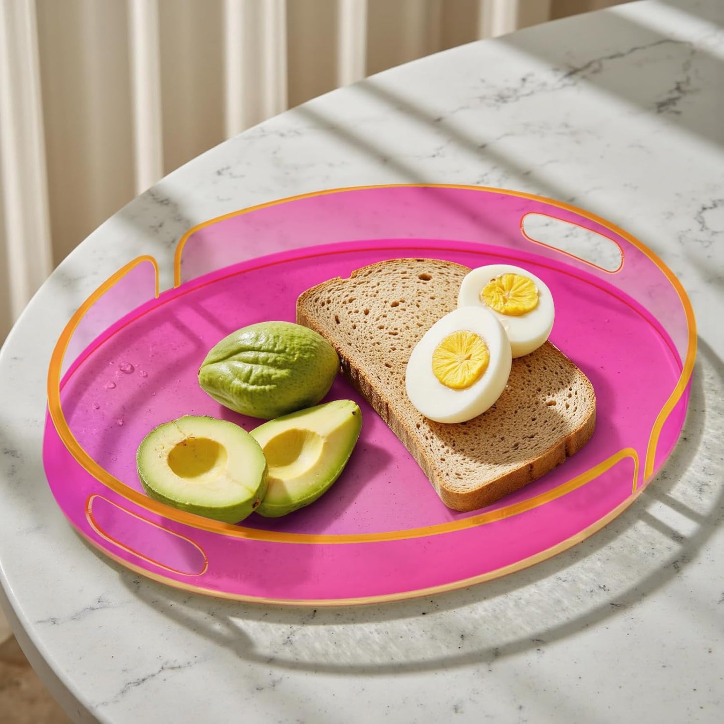 Acrylic Serving Tray with Handles Large Decorative Ottoman Tray 17x13'' Round for Bathroom Food Coffee Fruit Snack Tea Dinner Living Room, Neon Pink