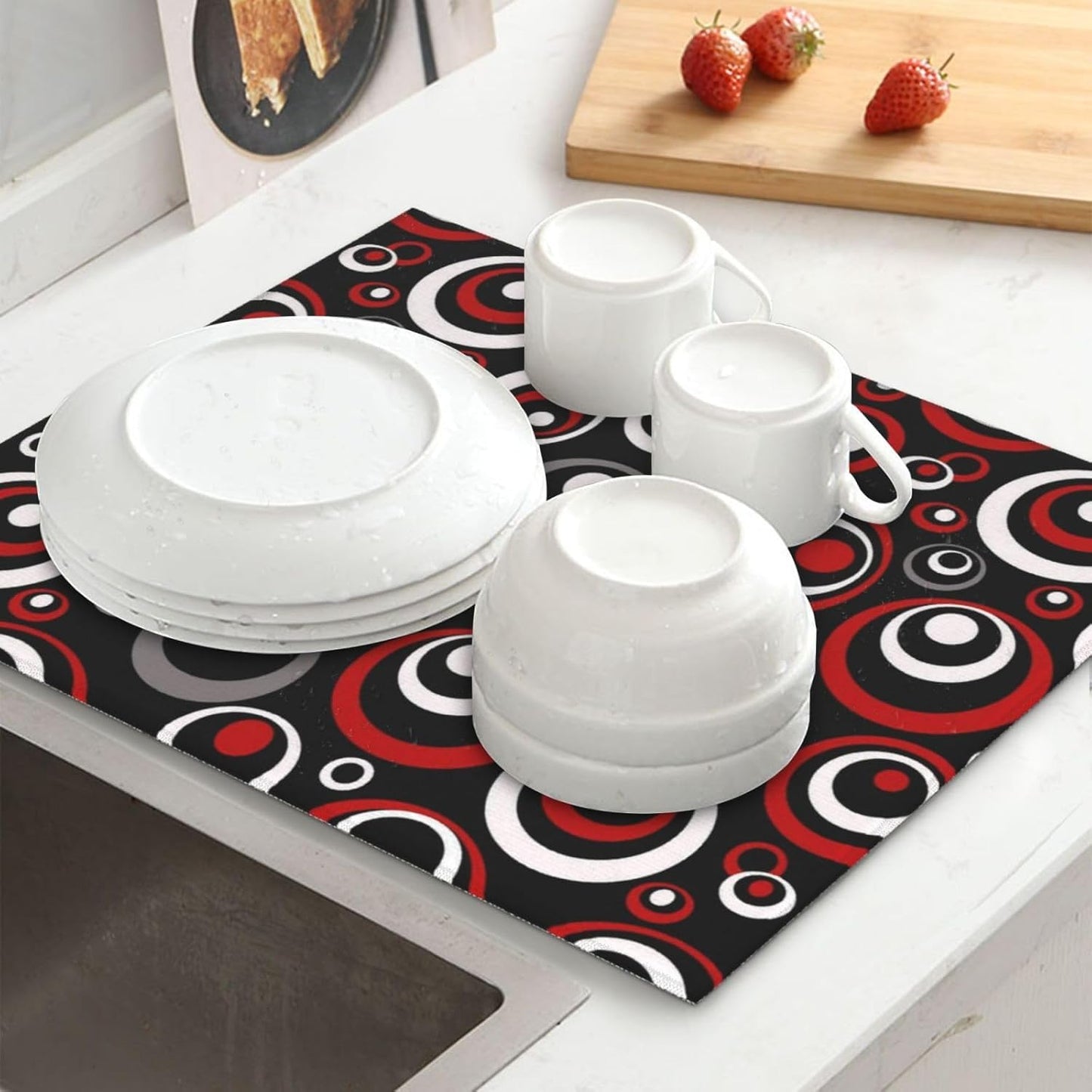 Red Black White Retro Geometric Circle Dish Drying Mats for Kitchen Counter, Absorbent Microfiber Drying Pad for Dishes, Foldable Modern Art Kitchen Mat for Dish Racks & Sink, Home Decor, 16" x 18"