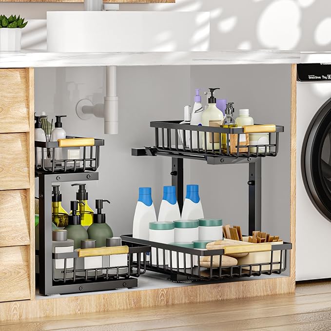 2Pcs Under Sink Organizer, Adjustable Under Sink Organizers and Storage, 2-Tier Pull Out Under Kitchen Sink Organizer, Sliding Out Metal Under Bathroom Sink Organizer for Kitchen Pantry Black