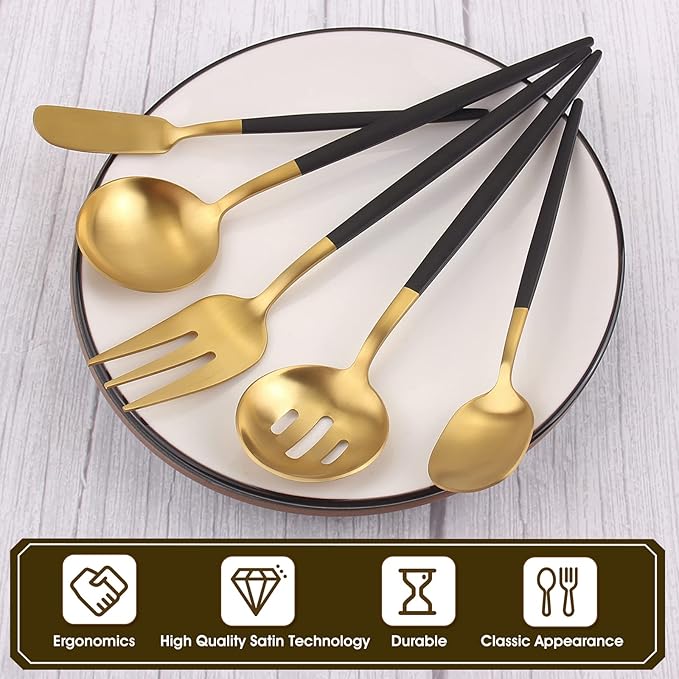 Matte Black Gold Serving Silverware Set, 5-Piece Round Shared Utensils Set of Stainless Steel, Hostess Flatware Serving Set, Satin Finish, Dishwasher Safe