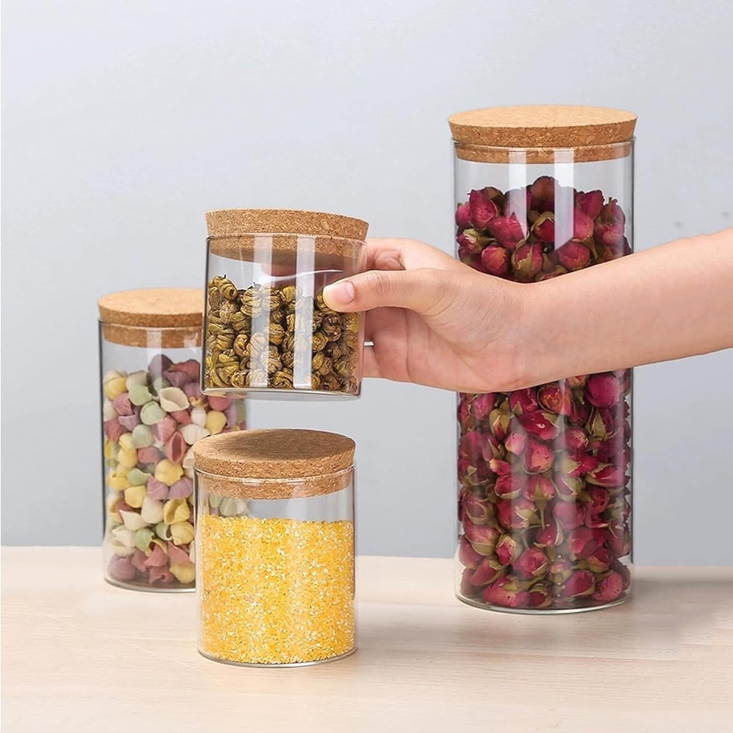 Airtight Glass Storage Containers with cork Lid, for Kitchen Pantry Organization and Storage jar，Ideal for Coffee Beans Snacks Flour Cereal Sugar Tea 24oz. (Circular 5.9 * 3.3in*2pcs)