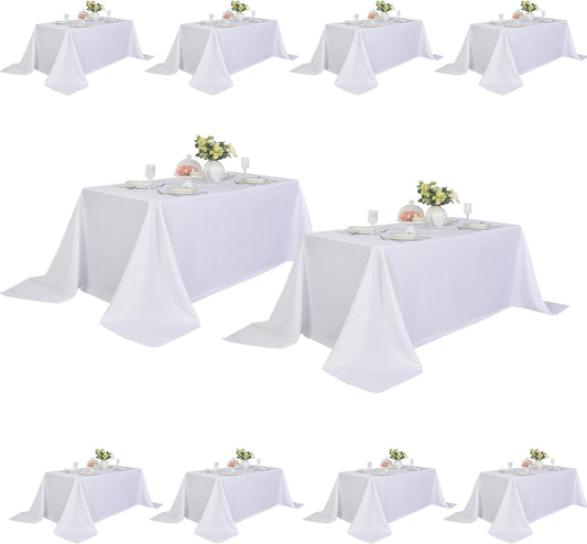 10-Pack 90x156 inch White Table Cloths, Solid Stain and Wrinkle Resistant Oblong Tablecloth, Premium Plain Weave Polyester Fabric Rectangle Table Linen Covers for Hotel, Banquet