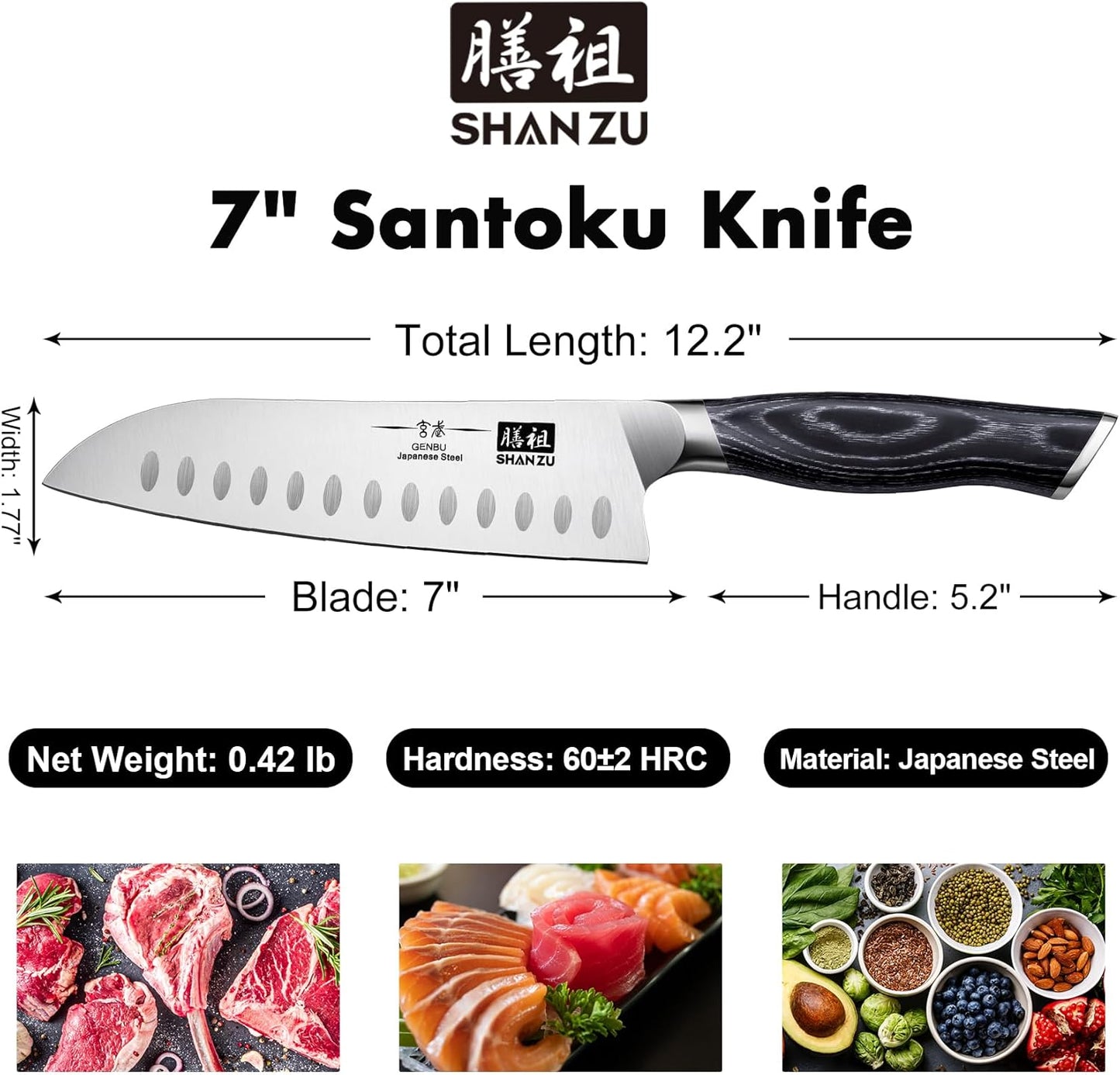 SHAN ZU 7 Inch Japanese Chef Knife, Professional Kitchen Knives, Japanese Super Steel Sharp Santoku Knife with K133 Ergonomic Handle, Black Tortoise Genbu Series