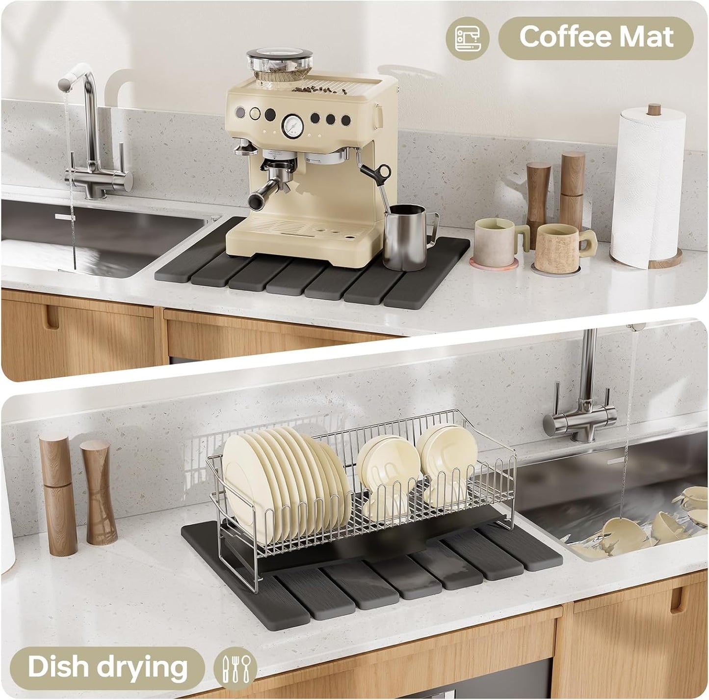 5 PCS 16" x 12" Stone Dish Drying Mat for Kitchen Counter, Quick Dry Stone Mat Diatomaceous Earth, Super Absorbent Drying rack for Dishes, Cups in Kitchen and Bathroom, Fits Any Countertop