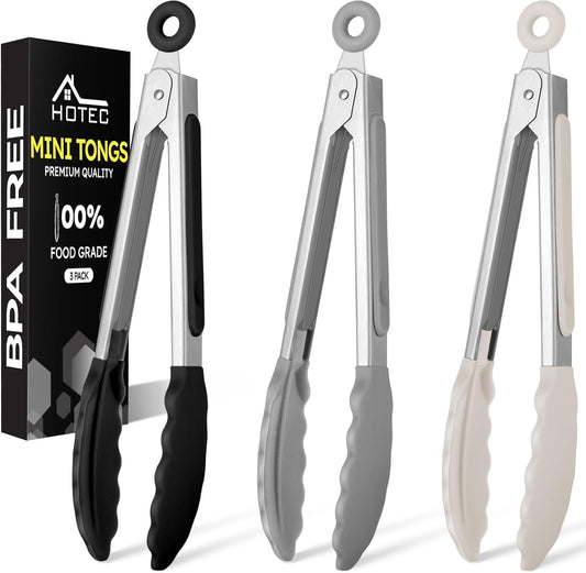 Hotec Mini Silicone Kitchen Tongs for Cooking - 7-Inch Small Serving Tongs with Silicone Tips, Set of 3 (Black,Grey,Khaki)