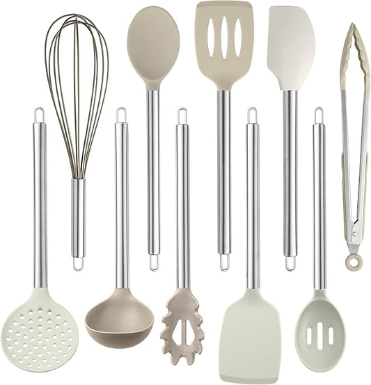 COOK WITH COLOR Silicone Cooking Utensils, Kitchen Utensil Set, Easy to Clean Silicone Kitchen Utensils, Cooking Utensils for Nonstick Cookware, Kitchen Gadgets Set, 10 Pieces, Brown