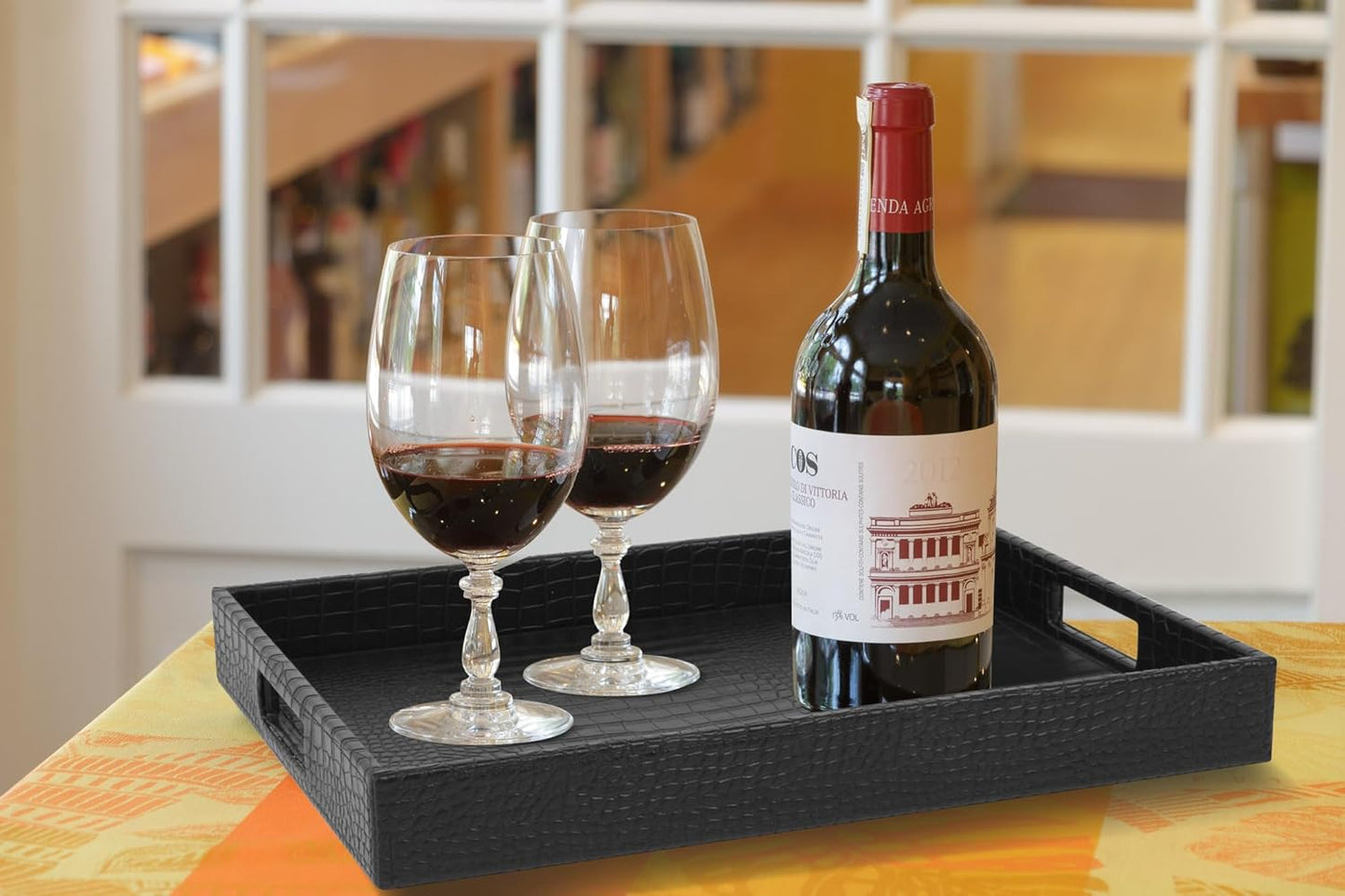 HofferRuffer Rectangle Serving Tray with Hole Handles for Coffee Table, Breakfast, Tea, Food, Butler - Countertop, Kitchen, Vanity Serve Tray, 16.2 x 12.2 x 2 inches, Faux Leather (Black Croco)