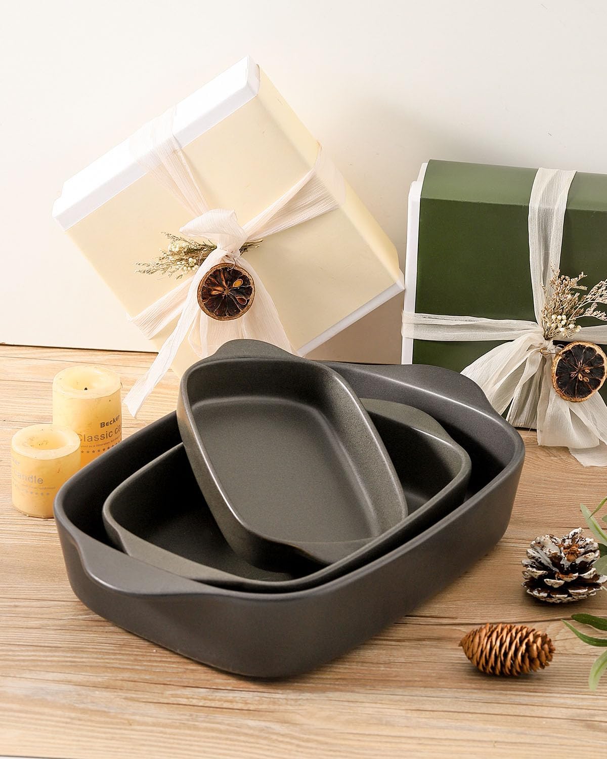 Casserole Dishes for Oven, Stoneware Baking Dishes Set of 3, Ceramic Baking Pan, Deep Rectangular Lasagna Pan, Farmhouse Bakeware Sets for Christmas Gift, (14.9"/12"/8.8"), Matte Black