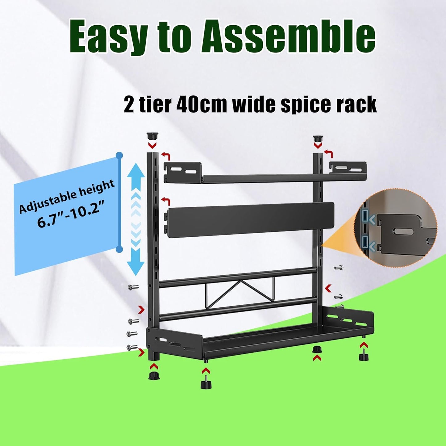 Spice Organization for Cabinet | 2 Tier Standing Height-Adjustable Spice Rack | Large Metal Rust-Proof Seasoning Organizer | Kitchen Storage Organization Shelf for Pantry Bathroom (2-40CM Black)