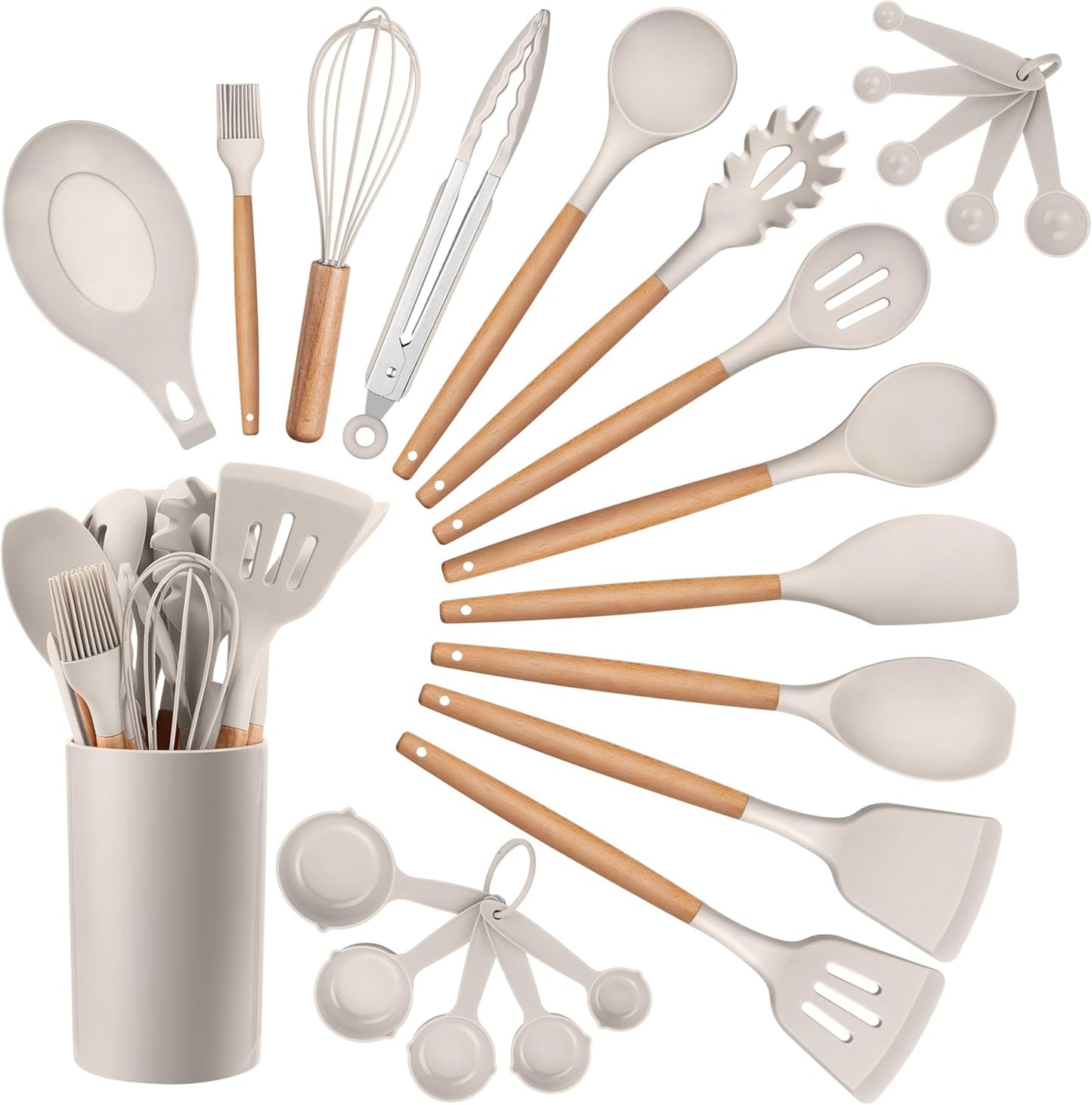 HaWare Kitchen Cooking Utensils Set, 23-Piece Silicone Kitchen Utensils Spatula Set with Holder, Heat Resistant Wooden Handle Kitchen Gadget for Nonstick Cookware, Food-grade Turner Spoon Sets (Khaki)