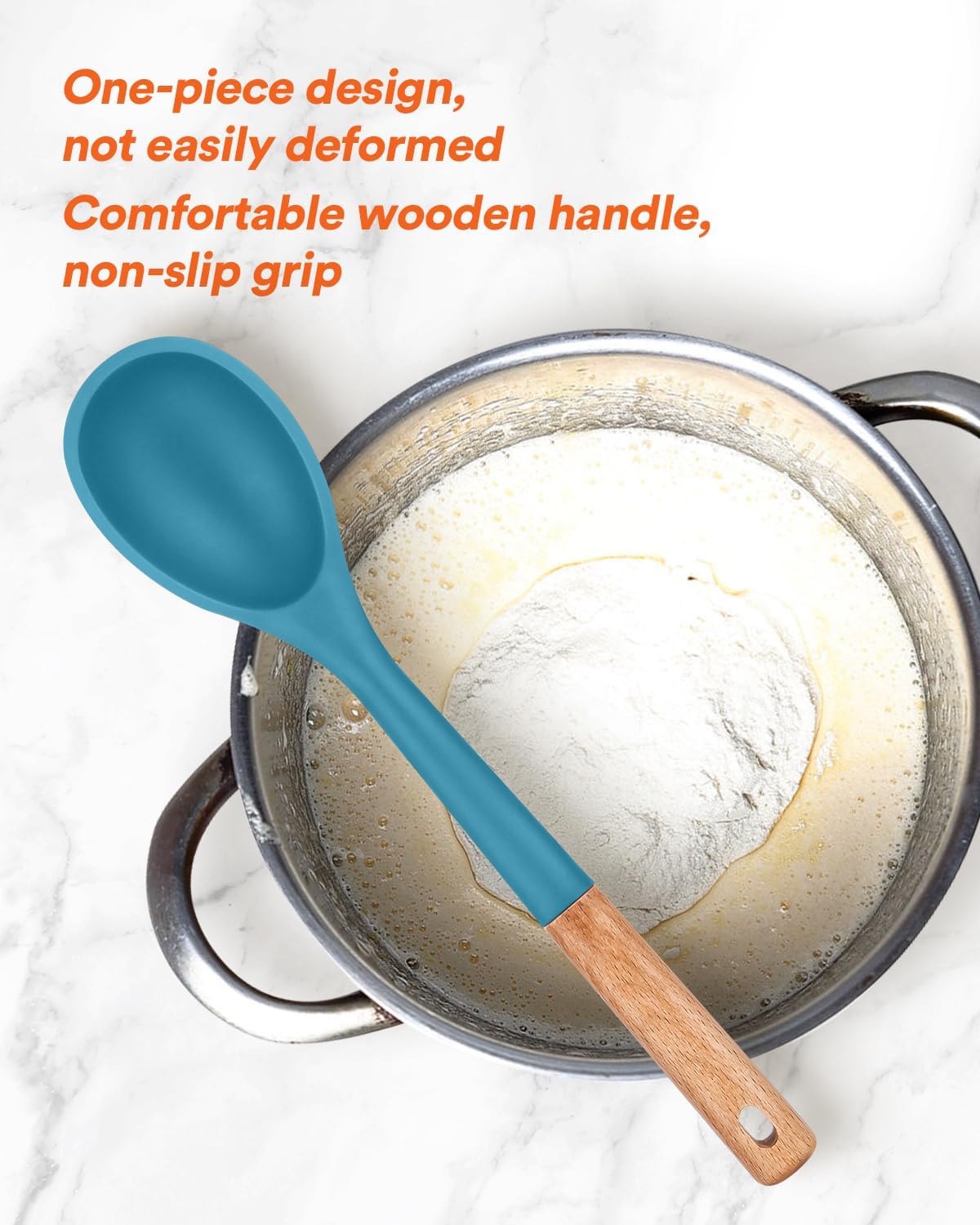 Large Silicone Cooking Spoons, Nonstick Solid Wooden Handle Spoon, Heat Resistan Silicone Kitchen Spoons for Cooking, Serving, Basting, Mixing, 13.2inch (BLUE)