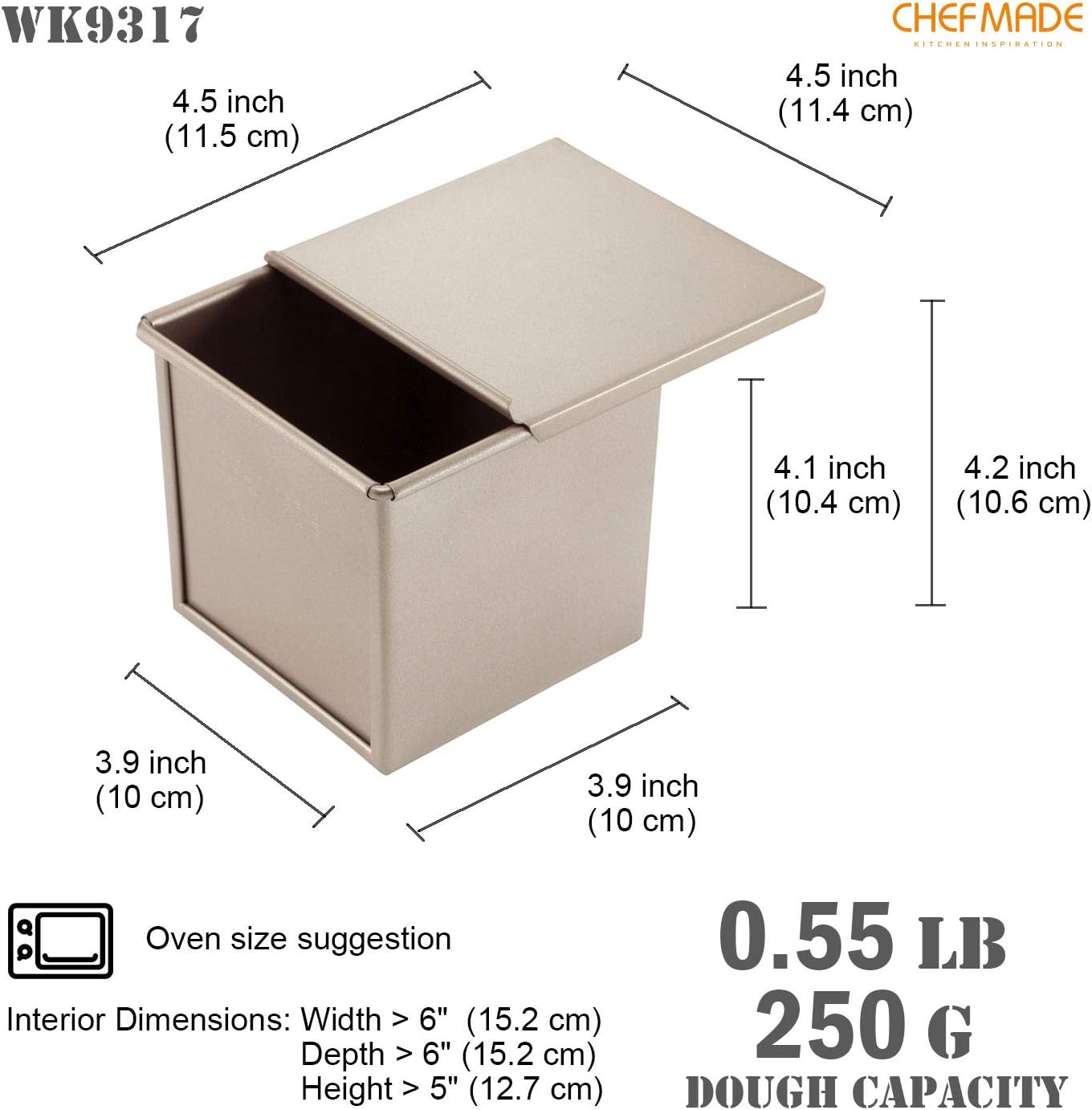 CHEFMADE Mini Pullman Loaf Pan with Lid, 0.55Lb Dough Capacity Non-Stick Rectangle Flat Toast Box for Oven Baking 3.9" x 3.9"x 3.9"(Champagne Gold)
