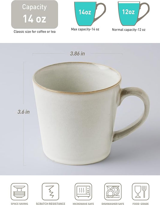 famiware Coffee Mug Set of 4, Annecy 14 oz Ceramic Reusable Cups Set with Handle, Microwavable and Dishwasherable Stoneware Drinkware Set for Tea, Milk, Water, Grey-white