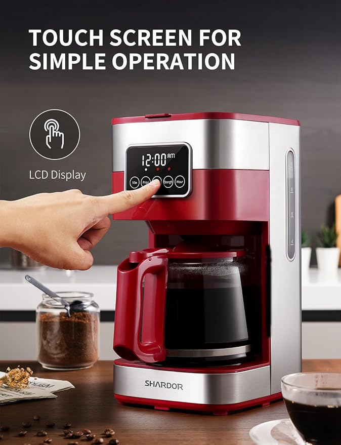 SHARDOR 10-Cup Programmable Coffee Maker, Regular & Strong Brew Drip Coffee Machine for Home and Office, Auto Shut Off, Permanent Filter (red)