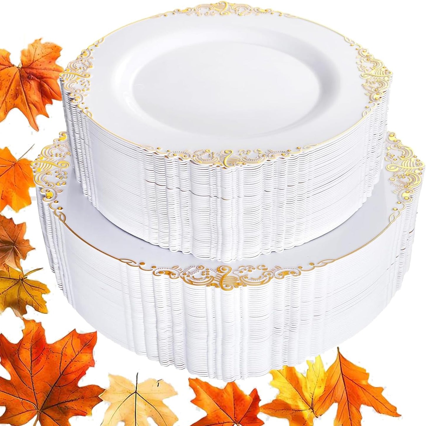 102PCS White and Gold Plastic Plates - Heavy Duty Gold Disposable Plates Include 51PCS 7.5inch Dessert Plates, 51PCS 10.25inch Dinner Plates for Christmas & Thanksgiving Parties