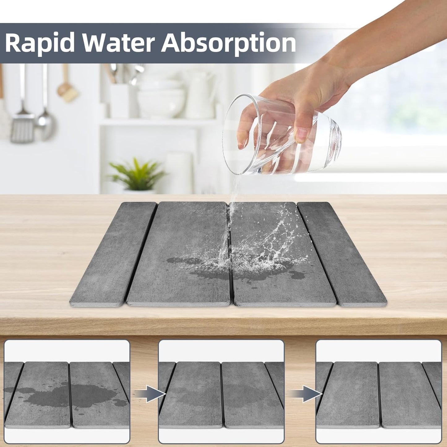 Stone Dish Drying Mat for Kitchen Counter，24x16 Collapsible Diatomaceous Earth Mats， Quick Drying Absorbent Dish Mat,Non-Slip Countertop & Bath Mat for Dishes Cups Bottles,Dark Gray