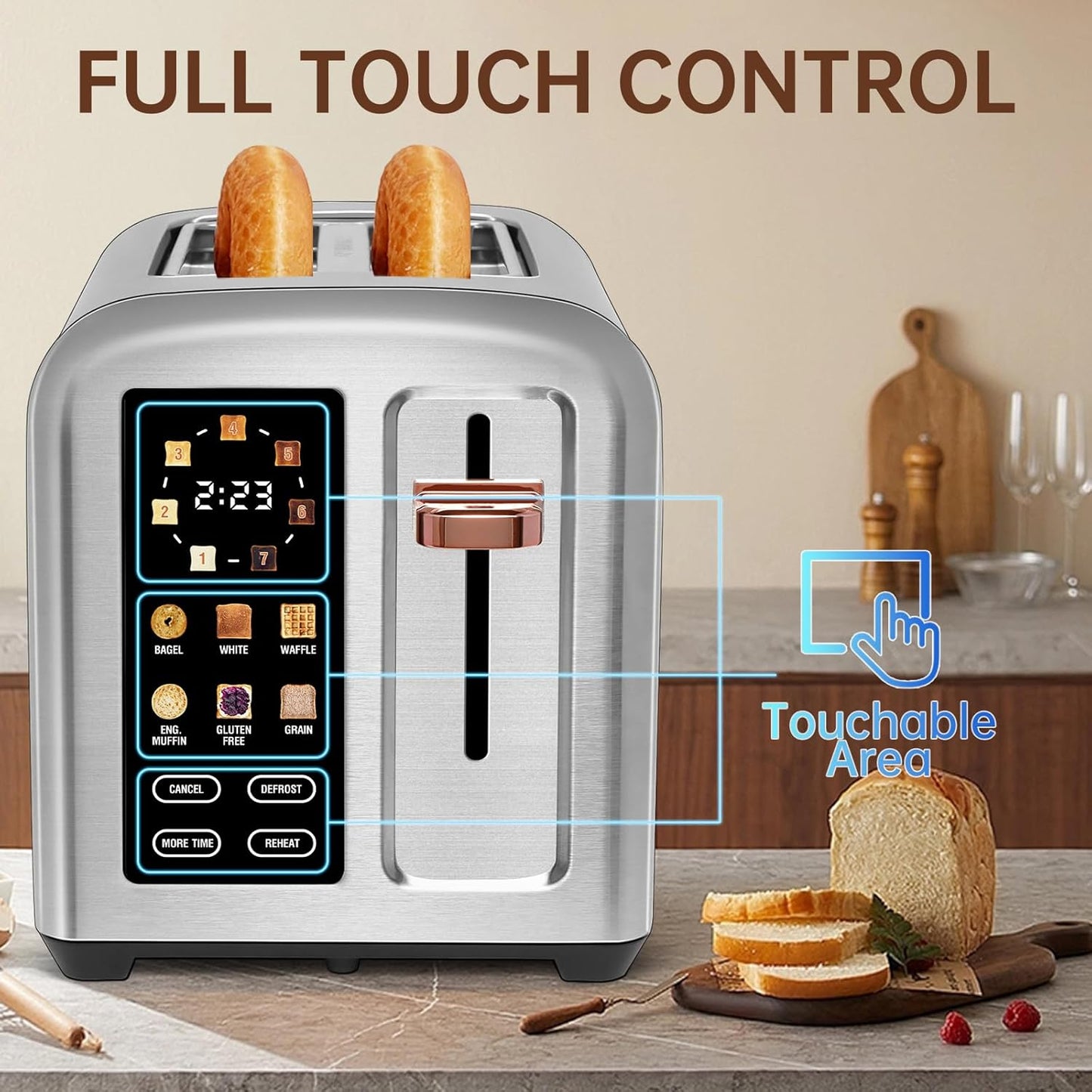 SEEDEEM Toaster 2 Slice, Touch Control Stainless Toaster LCD Display, 50% Faster Heating Speed, 1.4'' Wide Slots, More Timer Functions, Removable Crumb Tray, 1350W, Silver Metallic