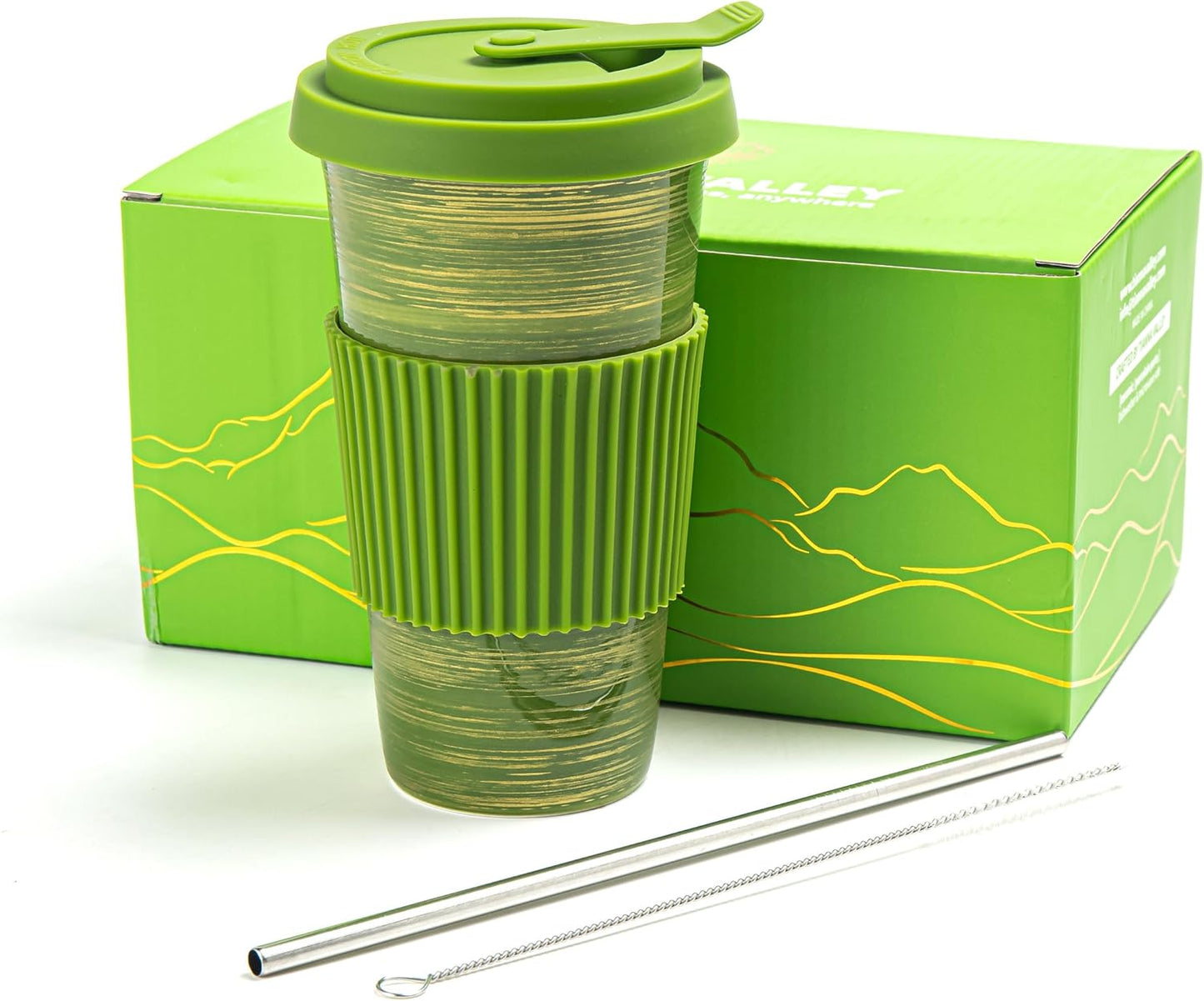 Travel Coffee Mug Green, Ceramic Coffee Mug With Lid And Drinking Straw(15oz/450ml), Handcrafted Novelty Travel Mugs, Microwave & Dishwasher Safe Tumbler With Lid, Unique Gifts